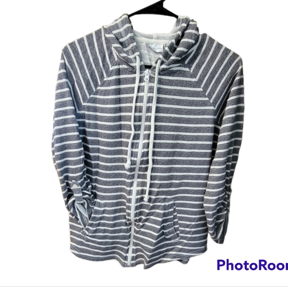 Kim Rogers hoodie zip up stripes size small white gray